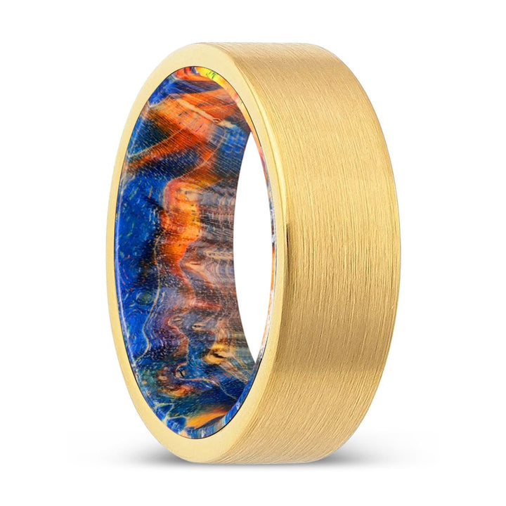 SUTTON | Blue & Yellow/Orange Wood, Gold Tungsten Ring, Brushed, Flat - Rings - Aydins Jewelry - 1