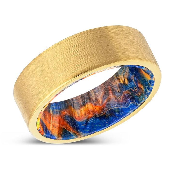 SUTTON | Blue & Yellow/Orange Wood, Gold Tungsten Ring, Brushed, Flat - Rings - Aydins Jewelry - 2