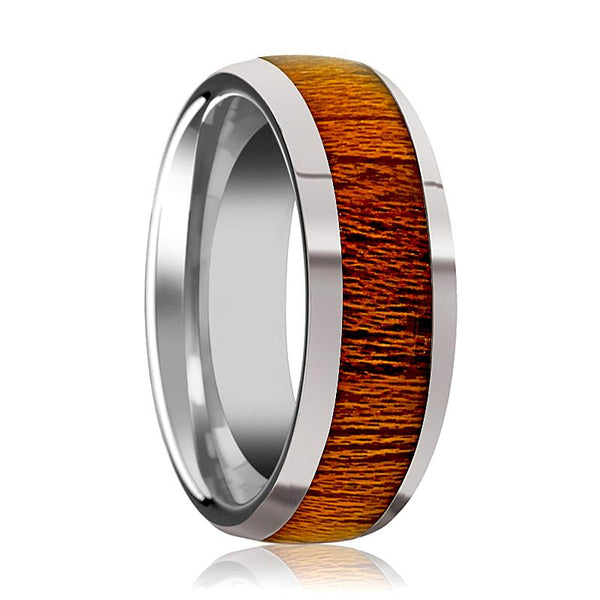 SWIETENIA | Silver Tungsten Ring, Mahogany Wood Inlay, Domed