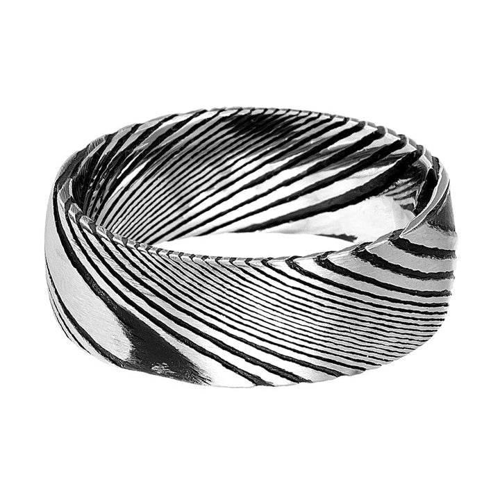 SWIRL | Silver Damascus Steel, Burl Wood Grain Texture, Domed - Rings - Aydins Jewelry - 3