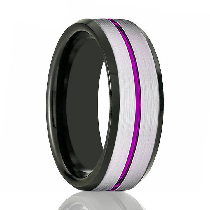 SWOOSH | Black Ring, Silver Brushed Purple Groove Black Beveled - Rings - Aydins Jewelry - 1
