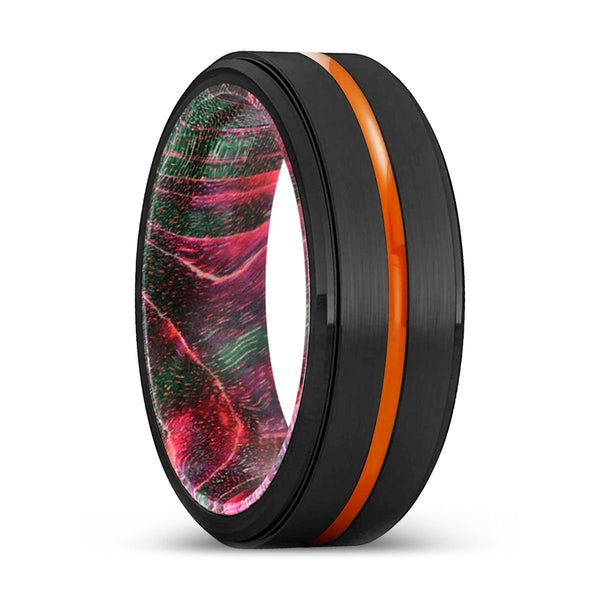 TACOMA | Green & Red Wood, Black Tungsten Ring, Orange Groove, Stepped Edge