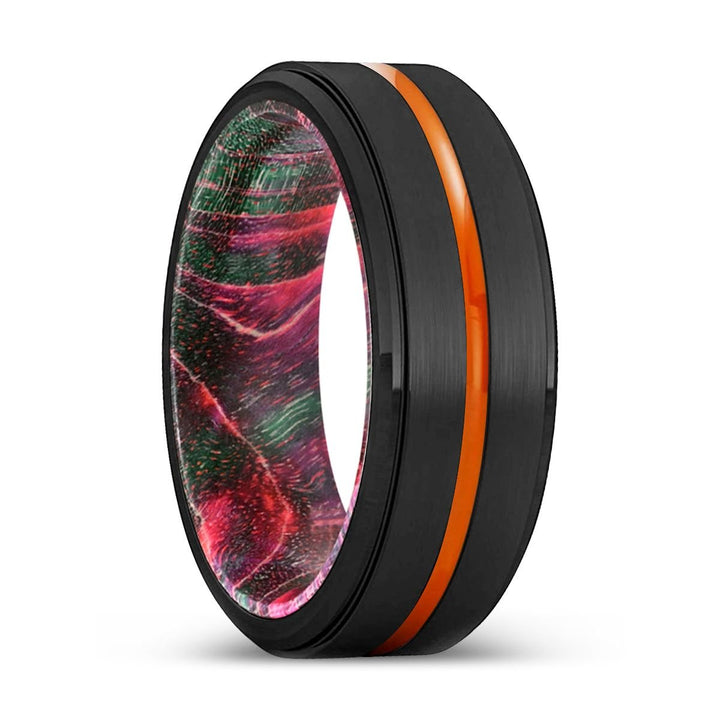 TACOMA | Green & Red Wood, Black Tungsten Ring, Orange Groove, Stepped Edge - Rings - Aydins Jewelry - 1