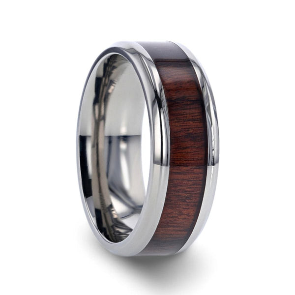 TALI | Silver Titanium Ring, Rose Wood Inlay, Beveled