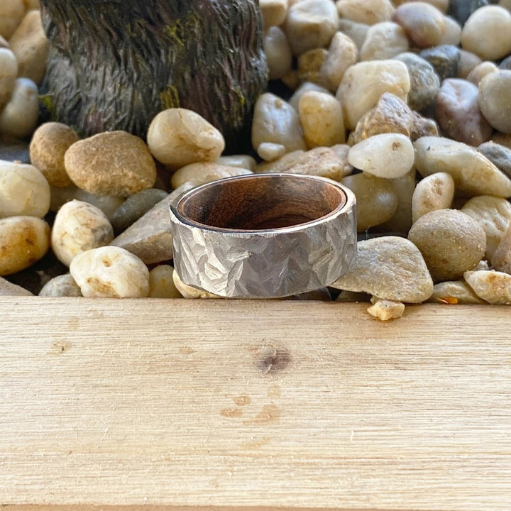 TANNER | Bocote Wood, Silver Titanium Ring, Hammered, Flat - Rings - Aydins Jewelry - 6
