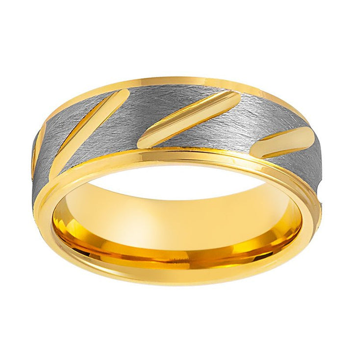 TASOS | Tungsten Ring Gray & Yellow Notched - Rings - Aydins Jewelry - 3