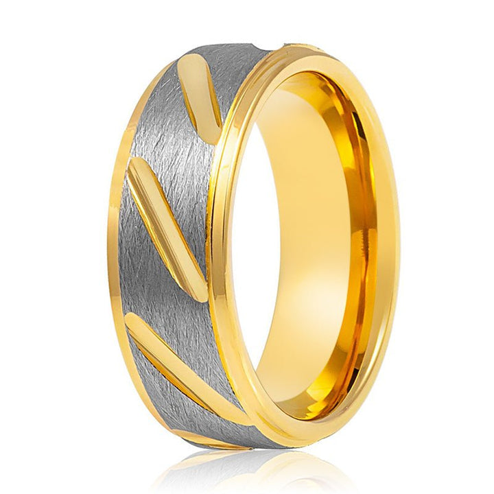 TASOS | Tungsten Ring Gray & Yellow Notched - Rings - Aydins Jewelry - 4