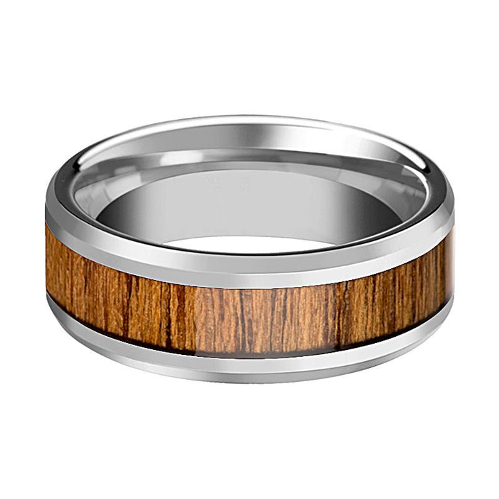 TEKKU | Silver Tungsten Ring, Teak Wood Inlay, Beveled - Rings - Aydins Jewelry - 2