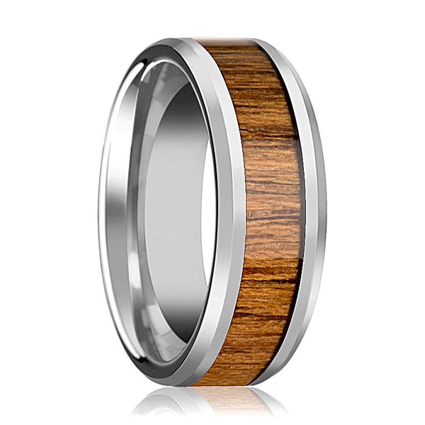TEKKU | Silver Tungsten Ring, Teak Wood Inlay, Beveled - Rings - Aydins Jewelry - 1