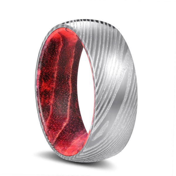 TEMPLAR | Black & Red Wood, Silver Damascus Steel, Domed - Rings - Aydins Jewelry - 1