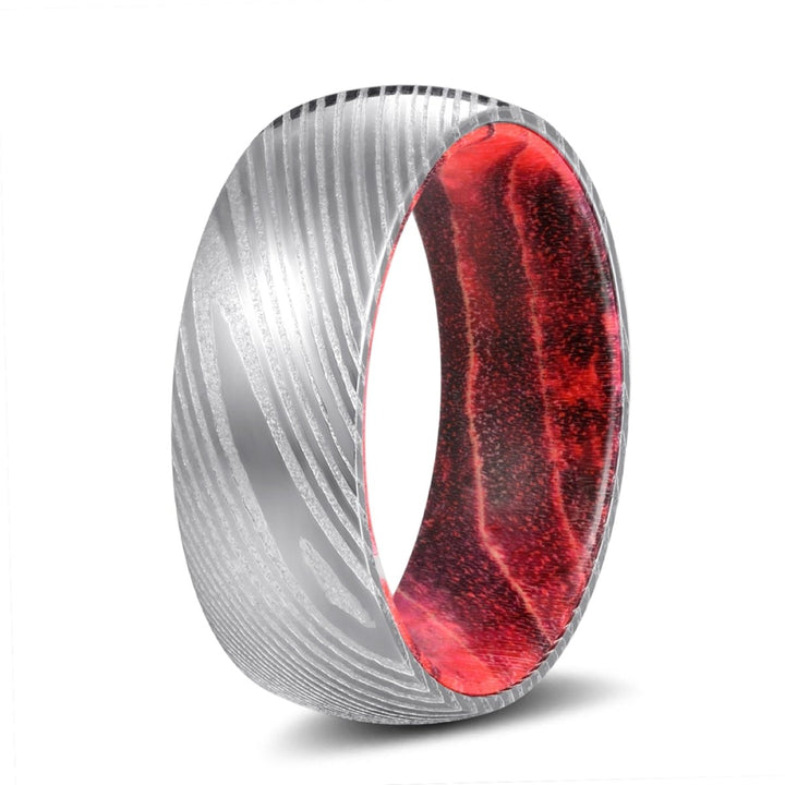TEMPLAR | Black & Red Wood, Silver Damascus Steel, Domed - Rings - Aydins Jewelry - 2
