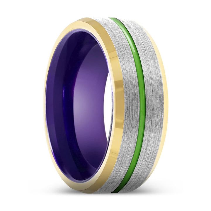 TEMPLAR | Purple Ring, Silver Tungsten Ring, Green Groove, Gold Beveled Edge - Rings - Aydins Jewelry - 1