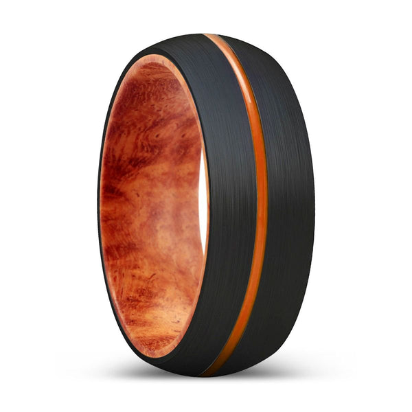 TEMPLEWOOD | Red Burl Wood, Black Tungsten Ring, Orange Groove, Domed