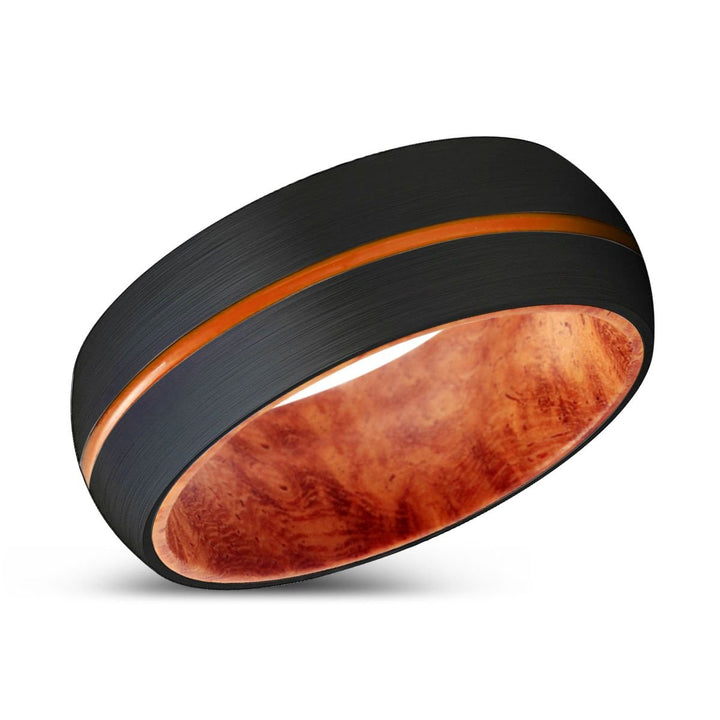 TEMPLEWOOD | Red Burl Wood, Black Tungsten Ring, Orange Groove, Domed - Rings - Aydins Jewelry - 2