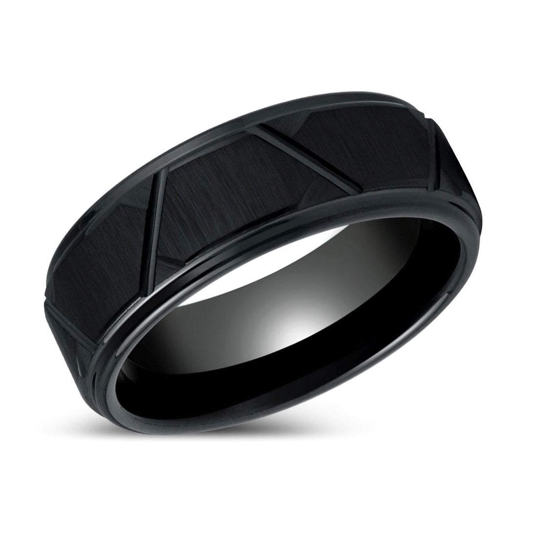 The TERRANCE Black Tungsten Ring displayed with its distinctive geometric design.