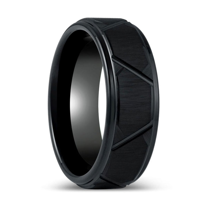 TERRANCE | Black Tungsten Ring, Trapezoids Design, Stepped Edge - Rings - Aydins Jewelry - 1