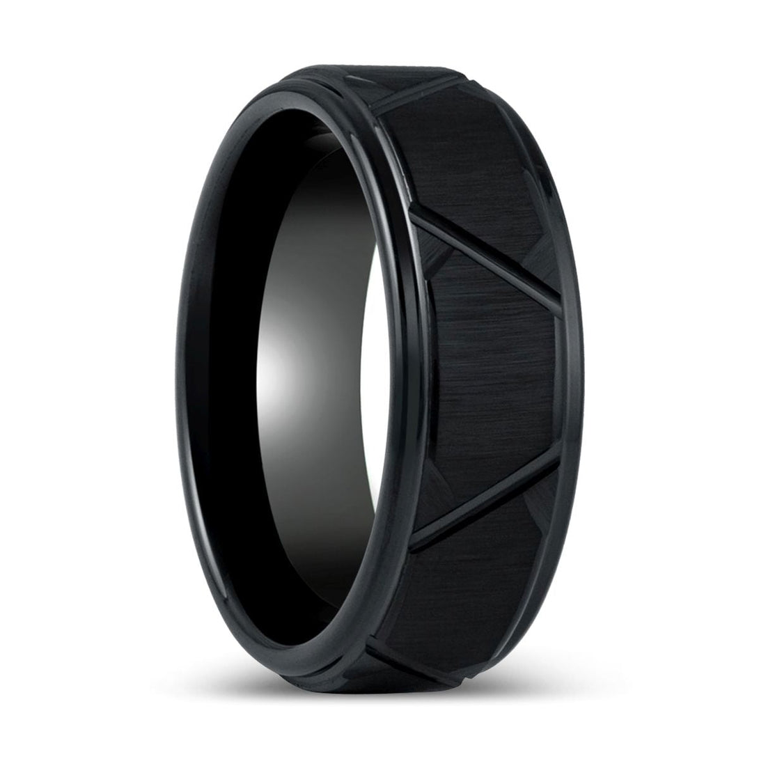 Side view showcasing the stepped edge detail of the TERRANCE Black Tungsten Ring.