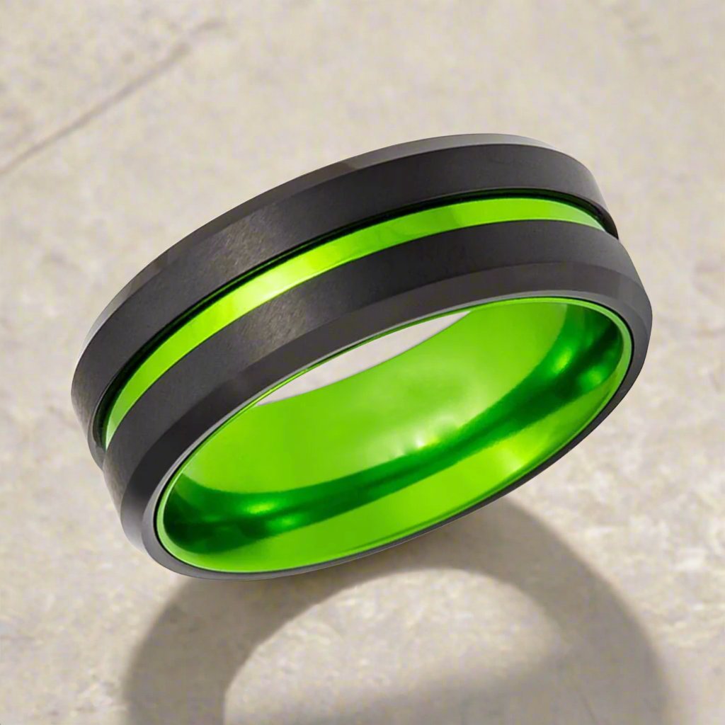 Modern TESLA Black Tungsten Ring with green accents, ideal for weddings and fashion, 6mm & 8mm