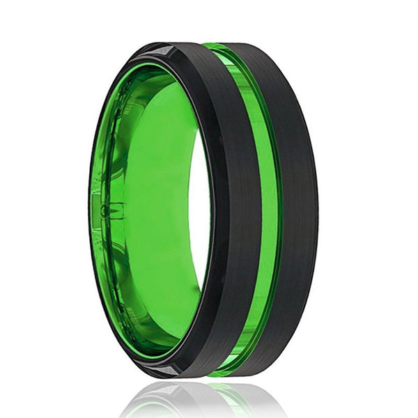 TESLA | Green Ring, Black Tungsten Green Groove Beveled Edges