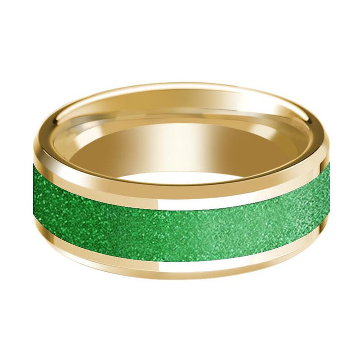 Textured Green Inlaid Men's 14k Yellow Gold Polished Wedding Band with Bevels - 8MM - Rings - Aydins Jewelry - 2