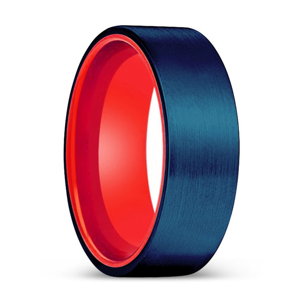 THEO | Red Ring, Blue Tungsten Ring, Brushed, Flat