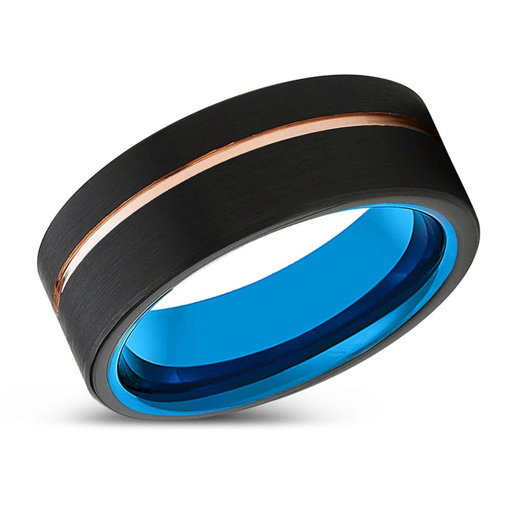 THORN | Blue Tungsten Ring, Black Tungsten Ring, Rose Gold Offset Groove, Brushed, Flat - Rings - Aydins Jewelry