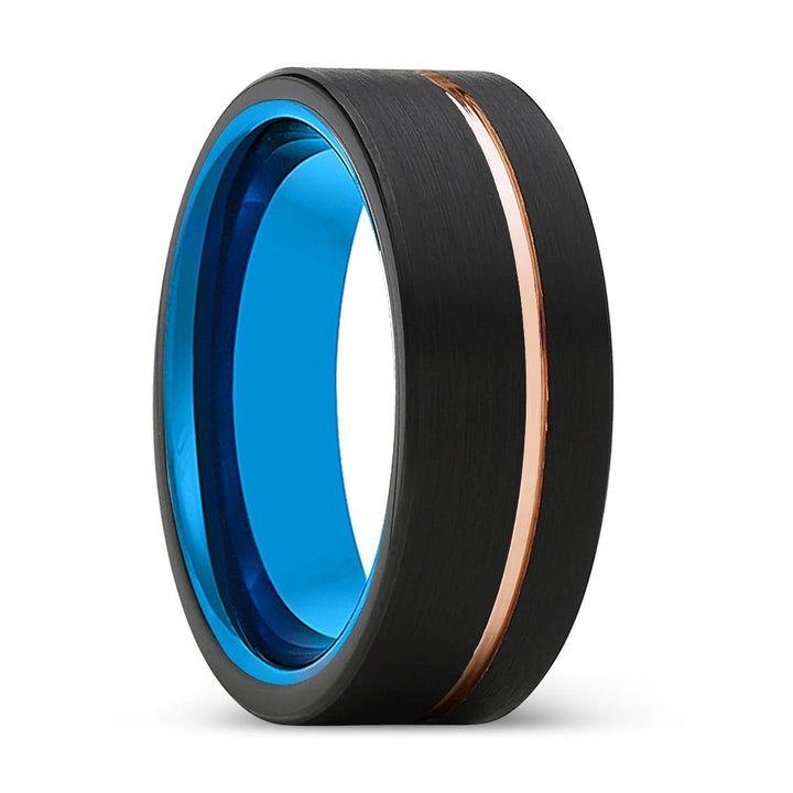 THORN | Blue Tungsten Ring, Black Tungsten Ring, Rose Gold Offset Groove, Brushed, Flat - Rings - Aydins Jewelry - 1