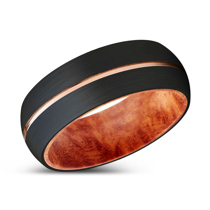THROK | Red Burl Wood, Black Tungsten Ring, Rose Gold Groove, Domed - Rings - Aydins Jewelry - 2