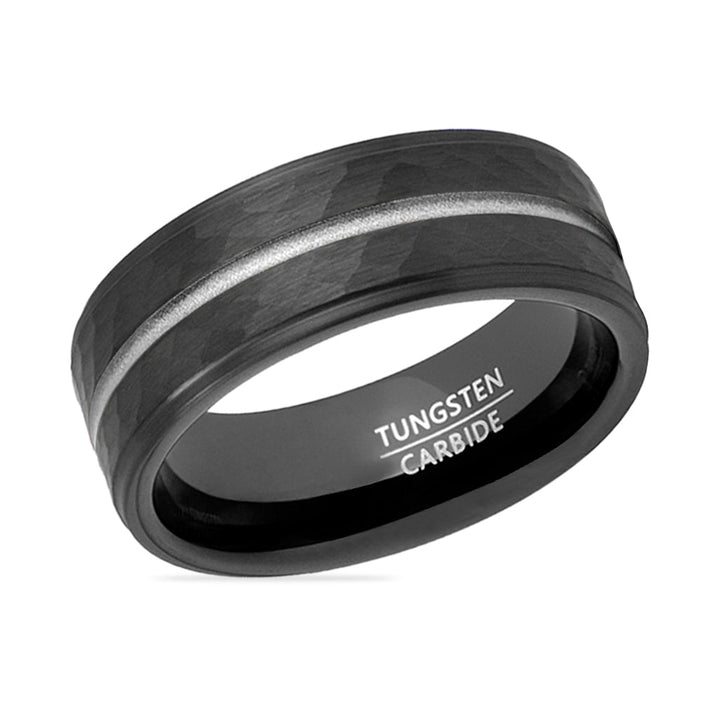 THUNDER | Black Tungsten Ring, Hammered, Silver Groove, Stepped Edge - Rings - Aydins Jewelry - 2