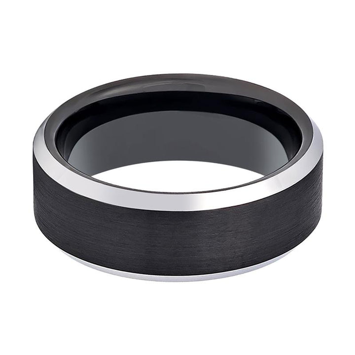 THURIO | Black Tungsten Ring, Black Brushed, Silver Beveled Edge - Rings - Aydins Jewelry - 2