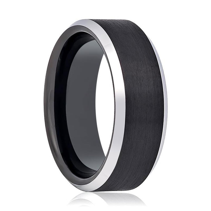 THURIO | Black Tungsten Ring, Black Brushed, Silver Beveled Edge