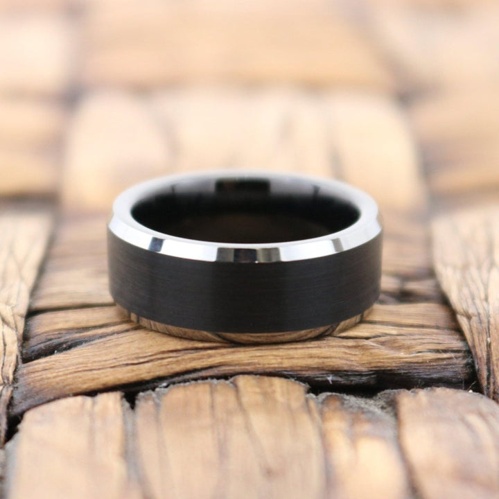 THURIO | Black Tungsten Ring, Black Brushed, Silver Beveled Edge - Rings - Aydins Jewelry - 4