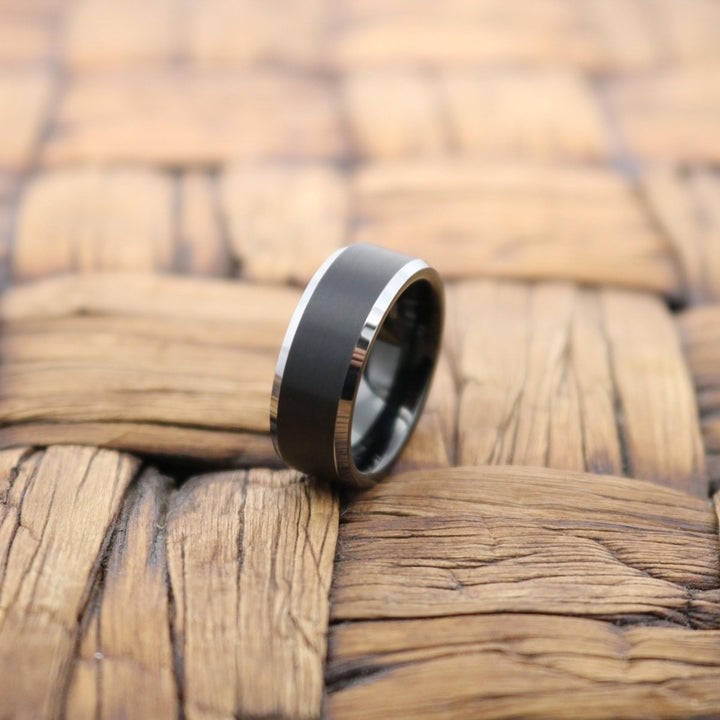 THURIO | Black Tungsten Ring, Black Brushed, Silver Beveled Edge - Rings - Aydins Jewelry - 3