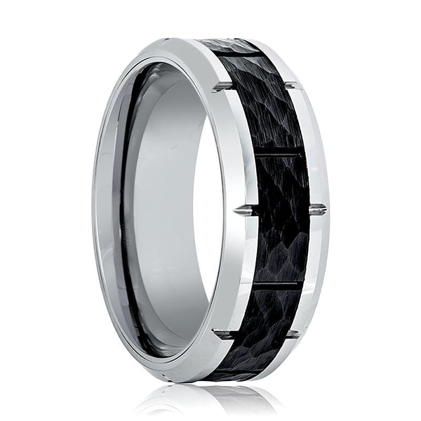 THYROS | Silver Tungsten Ring, Hammered, Notches, Beveled - Rings - Aydins Jewelry - 1