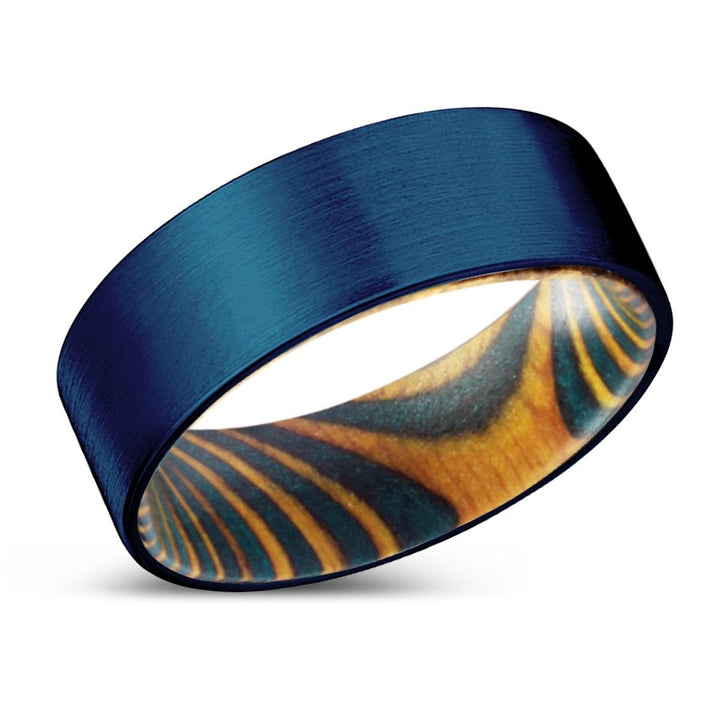 TIGRESS | Green & Yellow Wood, Blue Tungsten Ring, Brushed, Flat - Rings - Aydins Jewelry - 2