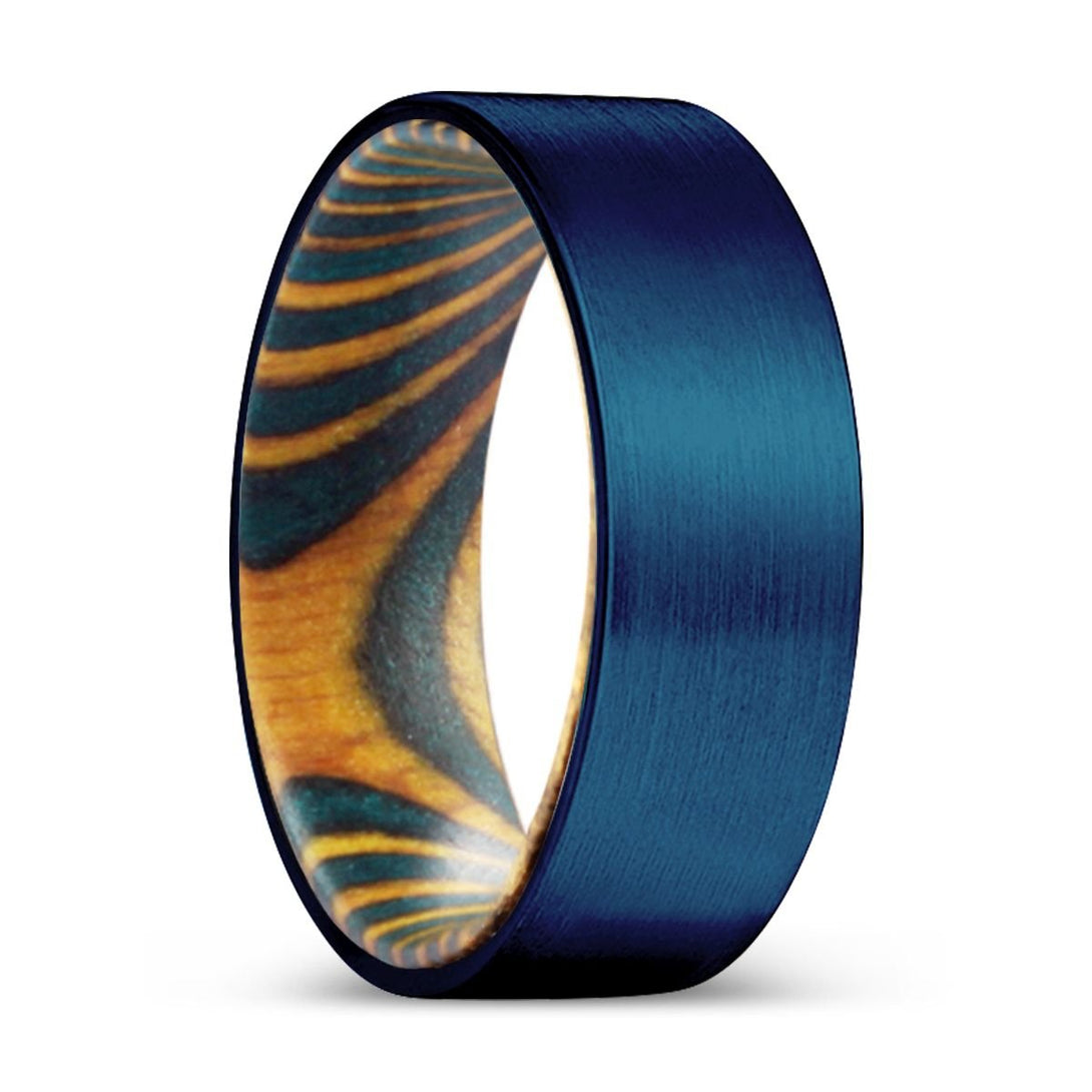 TIGRESS | Green & Yellow Wood, Blue Tungsten Ring, Brushed, Flat - Rings - Aydins Jewelry - 1