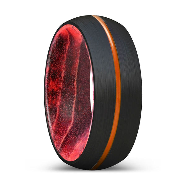 TIMBERWOLF | Black & Red Wood, Black Tungsten Ring, Orange Groove, Domed - Rings - Aydins Jewelry - 1