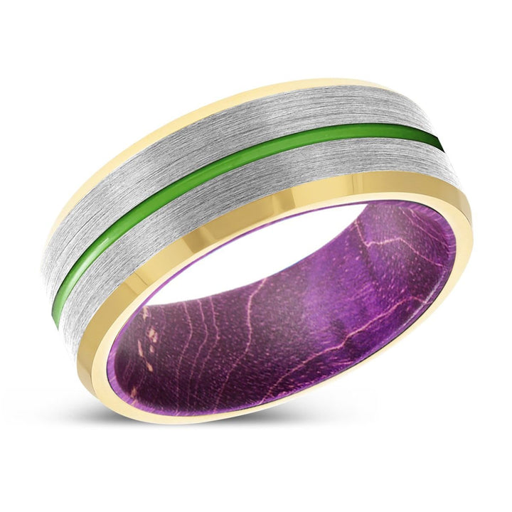 TINGE | Purple Wood, Silver Tungsten Ring, Green Groove, Gold Beveled Edge - Rings - Aydins Jewelry - 2