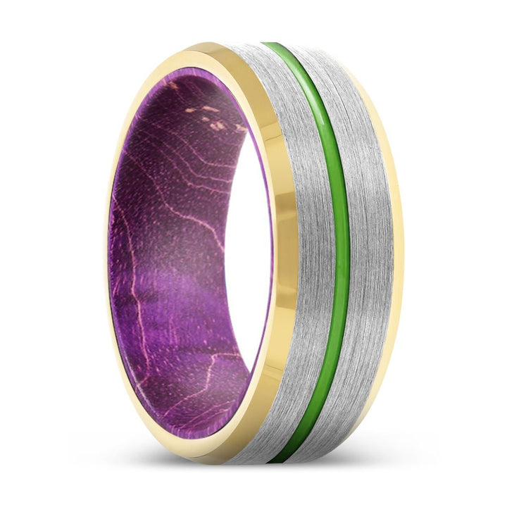 TINGE | Purple Wood, Silver Tungsten Ring, Green Groove, Gold Beveled Edge - Rings - Aydins Jewelry - 1