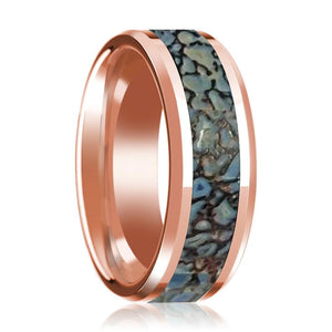 Dinosaur Bone inlay 14k rose gold wedding band, top view