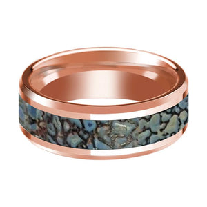 Dinosaur Bone inlay 14k rose gold wedding band, side profile