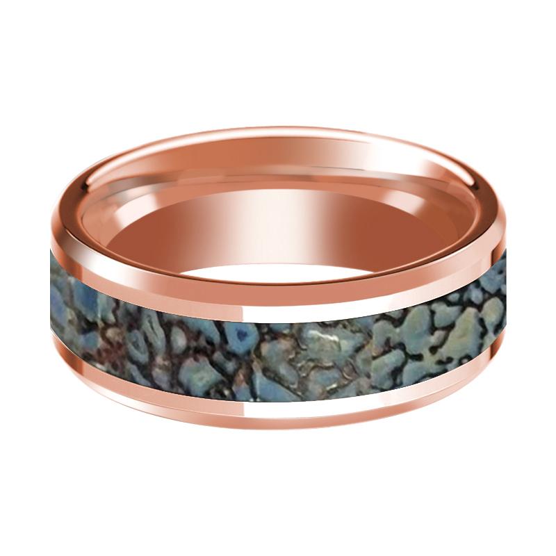Dinosaur Bone inlay 14k rose gold wedding band, side profile