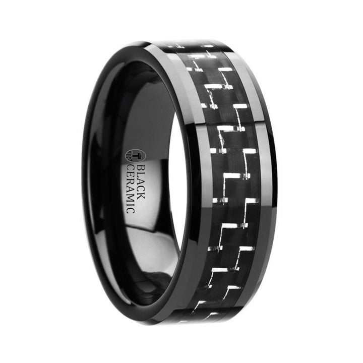 TITAN | Black Ceramic Ring, Silver & Black Carbon Fiber Inlay, Beveled - Rings - Aydins Jewelry - 1
