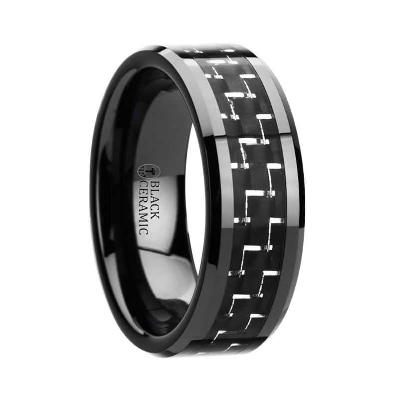 TITAN | Black Ceramic Ring, Silver & Black Carbon Fiber Inlay, Beveled