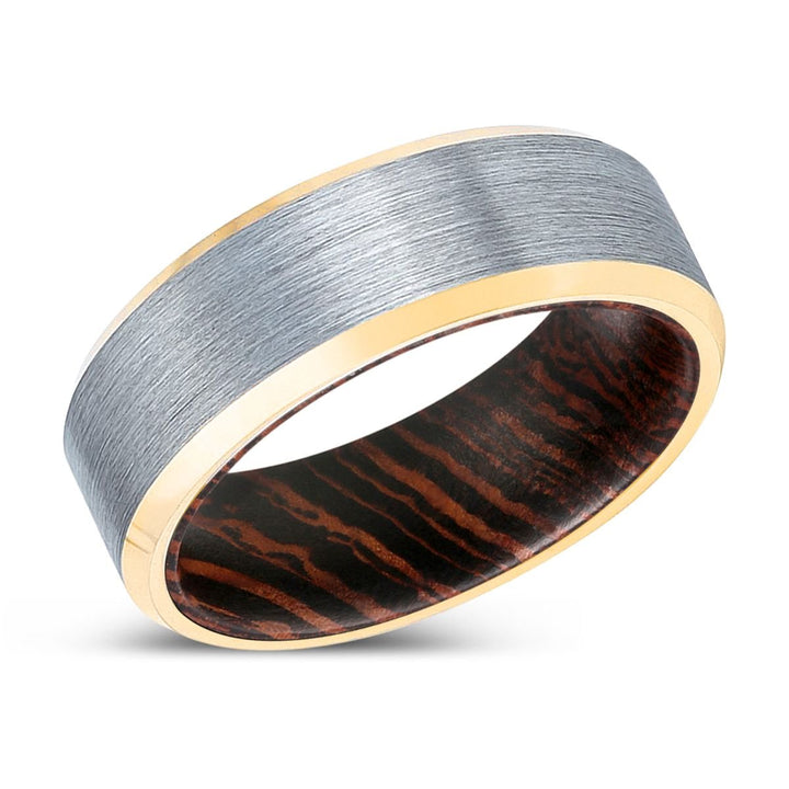 TIWANIA | Wenge Wood, Brushed, Silver Tungsten Ring, Gold Beveled Edges - Rings - Aydins Jewelry - 2