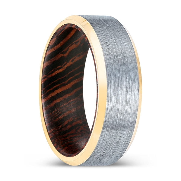 TIWANIA | Wenge Wood, Brushed, Silver Tungsten Ring, Gold Beveled Edges - Rings - Aydins Jewelry - 1