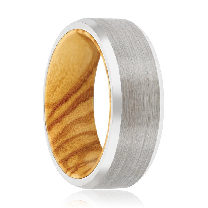 TOLDEN | Olive Wood, Silver Tungsten Ring, Brushed, Beveled - Rings - Aydins Jewelry - 1