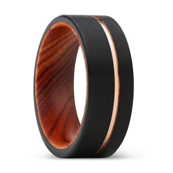 TORPEDO | IRON Wood, Black Tungsten Ring, Rose Gold Offset Groove, Brushed, Flat - Rings - Aydins Jewelry - 1