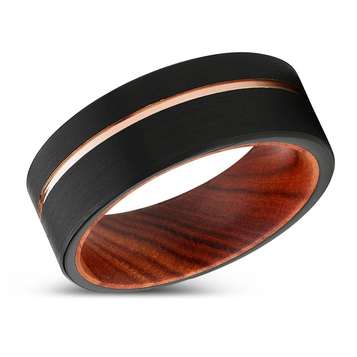TORPEDO | IRON Wood, Black Tungsten Ring, Rose Gold Offset Groove, Brushed, Flat - Rings - Aydins Jewelry - 2