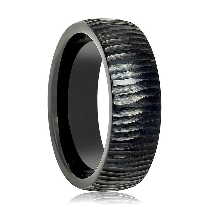 Tree Bark Carved Textured Finished Men's Black Tungsten Wedding Band - 8MM